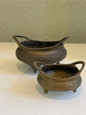 AntiqueChinese Bronze Mini Censer Dragon Incense Burner  set of two Small &big